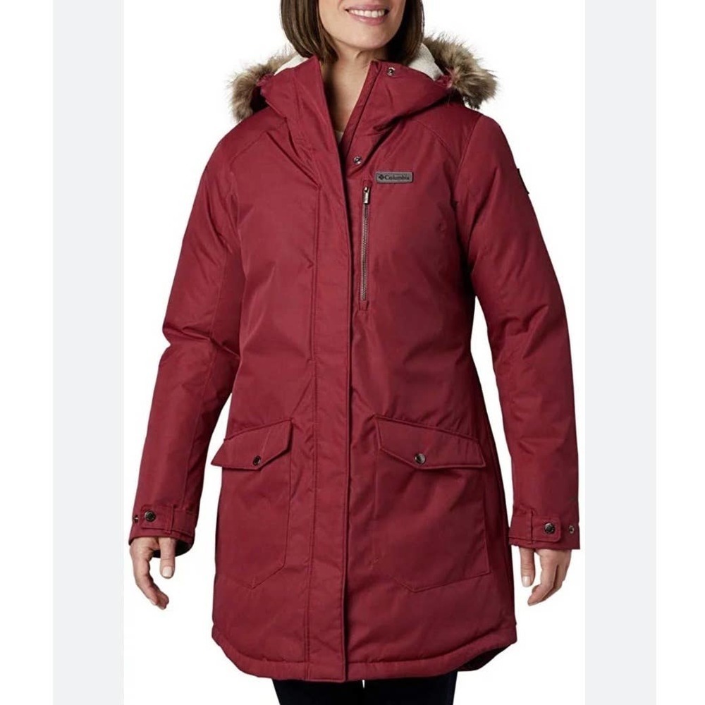 Columbia Omni-Heat Parka XS Red Faux Fur Hood Insulated Winter Coat NWT